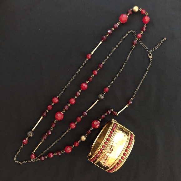 Old Navy Jewelry - Red and gold necklace and bracelet bundle.